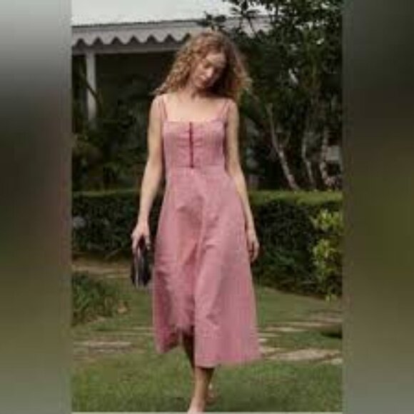 Rachel Zoe red white Gingham Doen La Maddalena midi bow cotton dress size 6 - Picture 3 of 7